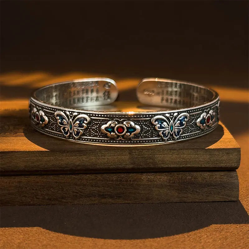 Fortune Jewel Heart Sutra Butterfly Copper Enamel Healing Open Adjustable Bracelet Bangle Fortune Jewel