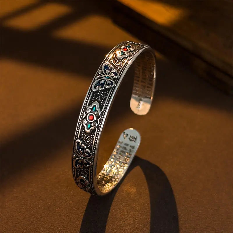 Fortune Jewel Heart Sutra Butterfly Copper Enamel Healing Open Adjustable Bracelet Bangle Fortune Jewel