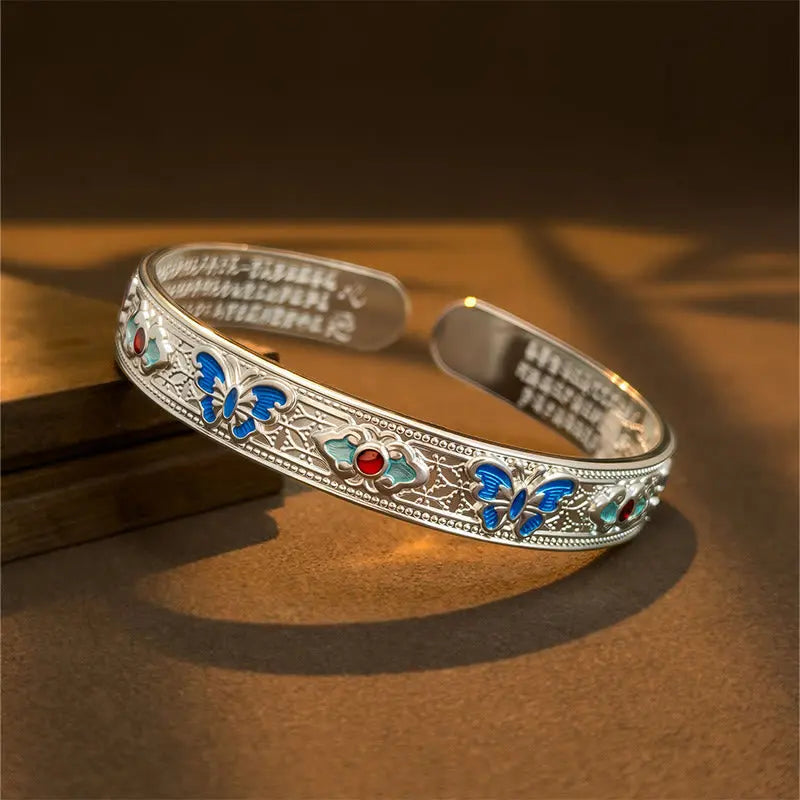 Fortune Jewel Heart Sutra Butterfly Copper Enamel Healing Open Adjustable Bracelet Bangle Fortune Jewel