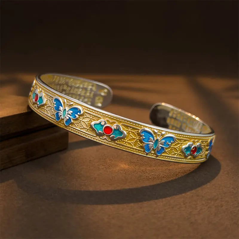 Fortune Jewel Heart Sutra Butterfly Copper Enamel Healing Open Adjustable Bracelet Bangle Fortune Jewel
