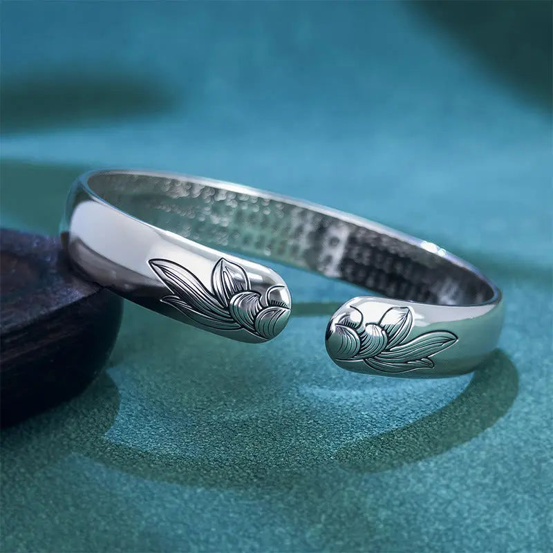 Fortune Jewel Heart Sutra Lotus Copper New Beginning Open Adjustable Bracelet Bangle Fortune Jewel