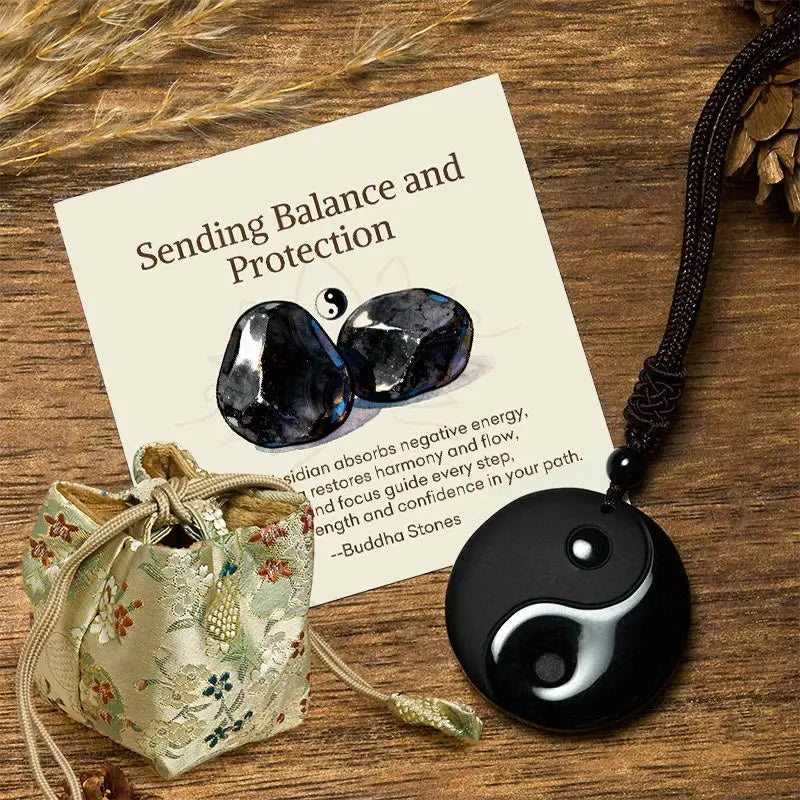 Fortune Jewel "Sending Balance and Protection" Obsidian Yin Yang Necklace Includes Gift Message Card Fortune Jewel