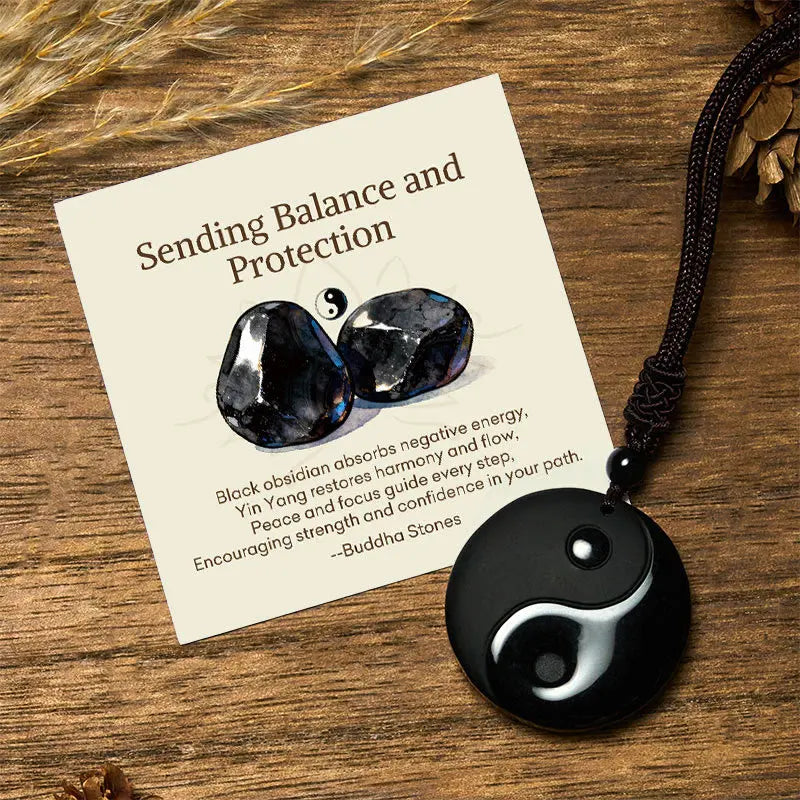 Fortune Jewel "Sending Balance and Protection" Obsidian Yin Yang Necklace Includes Gift Message Card Fortune Jewel