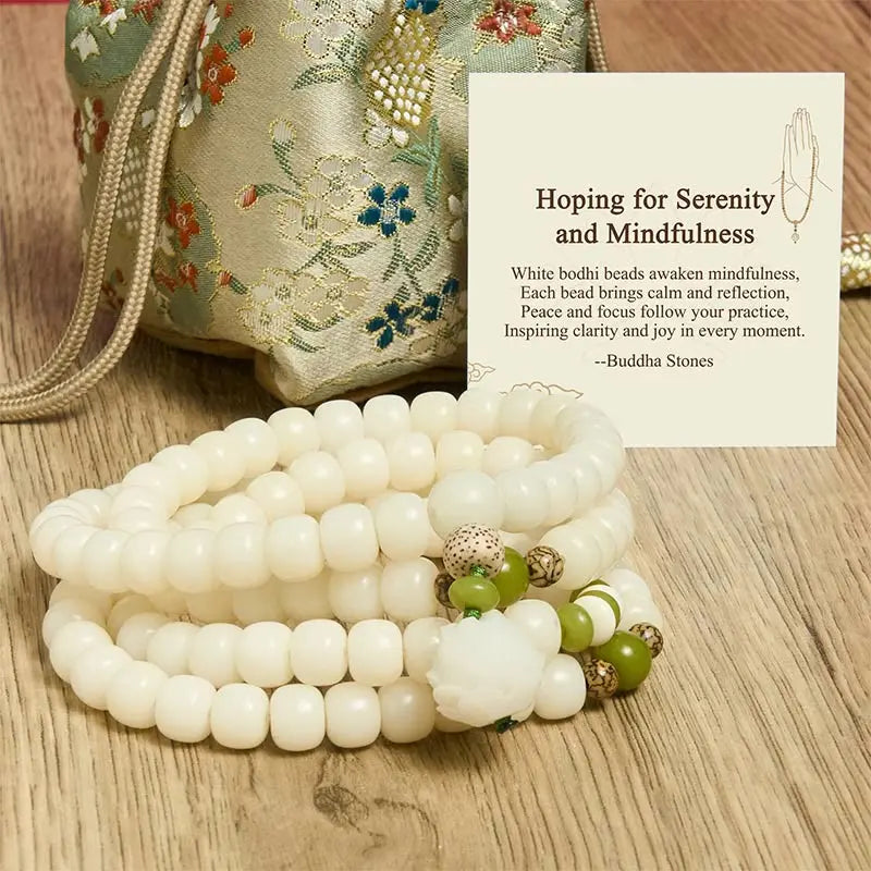 Buddha Stones "Hoping for Serenity and Mindfulness" Bodhi Lotus Mala Includes Gift Message Card Fortune Jewel