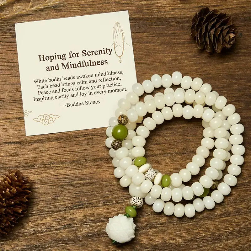 Buddha Stones "Hoping for Serenity and Mindfulness" Bodhi Lotus Mala Includes Gift Message Card Fortune Jewel