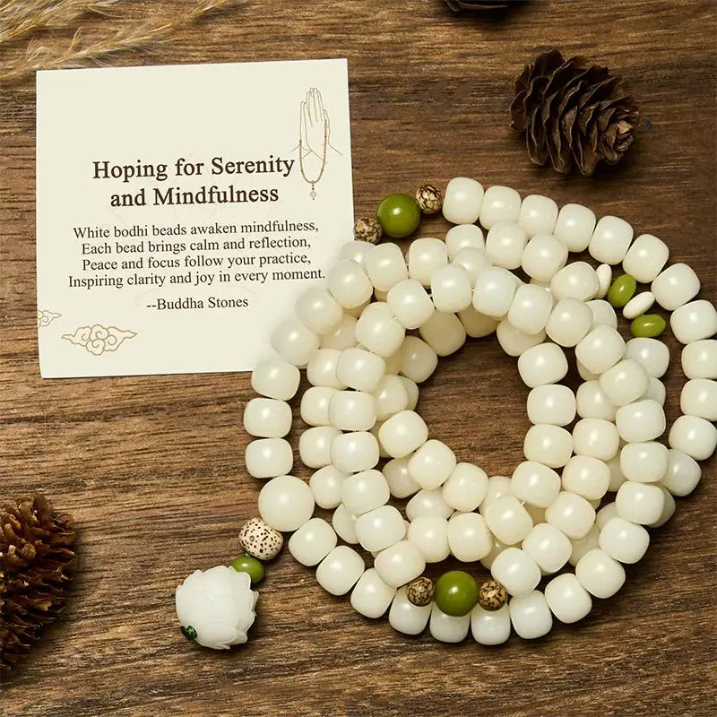Buddha Stones "Hoping for Serenity and Mindfulness" Bodhi Lotus Mala Includes Gift Message Card Fortune Jewel