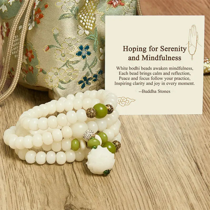 Buddha Stones "Hoping for Serenity and Mindfulness" Bodhi Lotus Mala Includes Gift Message Card Fortune Jewel