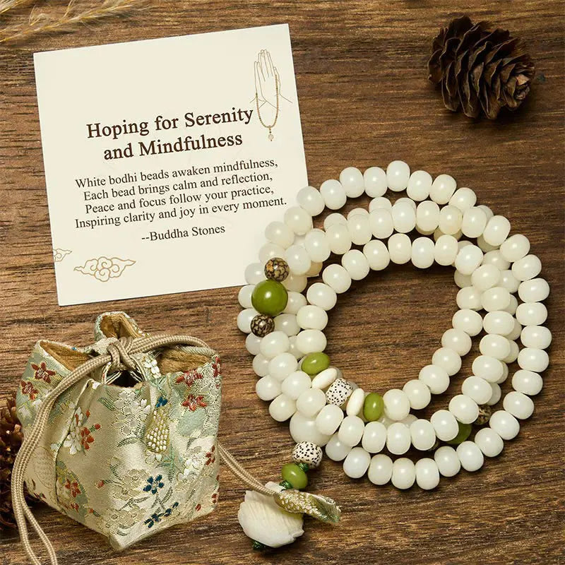 Buddha Stones "Hoping for Serenity and Mindfulness" Bodhi Lotus Mala Includes Gift Message Card Fortune Jewel