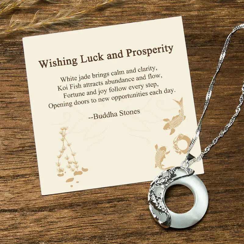 Buddha Stones "Wishing Luck and Prosperity" White Jade Koi Fish Necklace Includes Gift Message Card Fortune Jewel