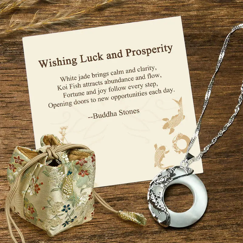 Buddha Stones "Wishing Luck and Prosperity" White Jade Koi Fish Necklace Includes Gift Message Card Fortune Jewel
