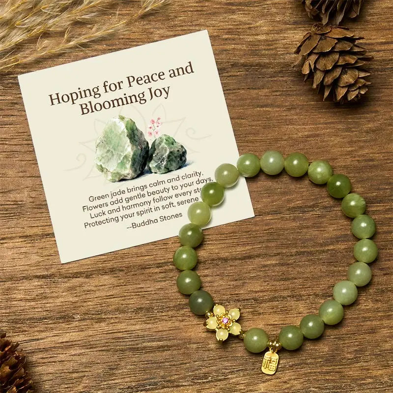 Fortune Jewel "Hoping for Peace and Blooming Joy" Green Jade Bracelet Includes Gift Message Card Fortune Jewel