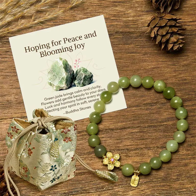 Fortune Jewel "Hoping for Peace and Blooming Joy" Green Jade Bracelet Includes Gift Message Card Fortune Jewel