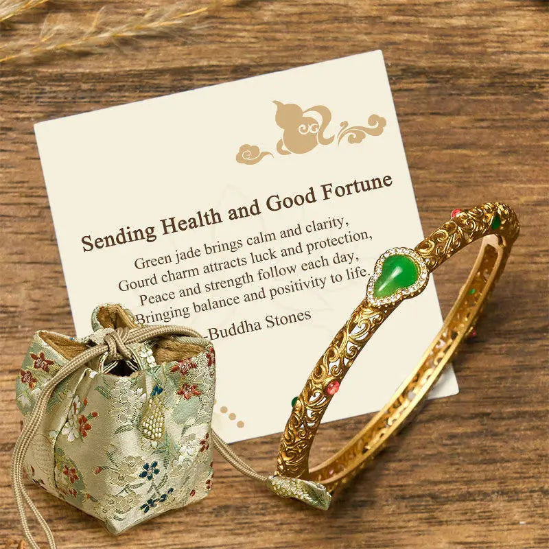 Fortune Jewel "Sending Health and Good Fortune" Cyan Jade Copper Bangle Includes Gift Message Card Fortune Jewel