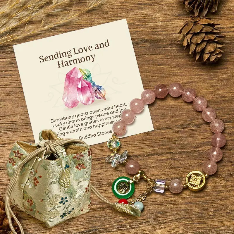 Buddha Stones "Sending Love and Harmony"Strawberry Quartz Bracelet Includes Gift Message Card Fortune Jewel