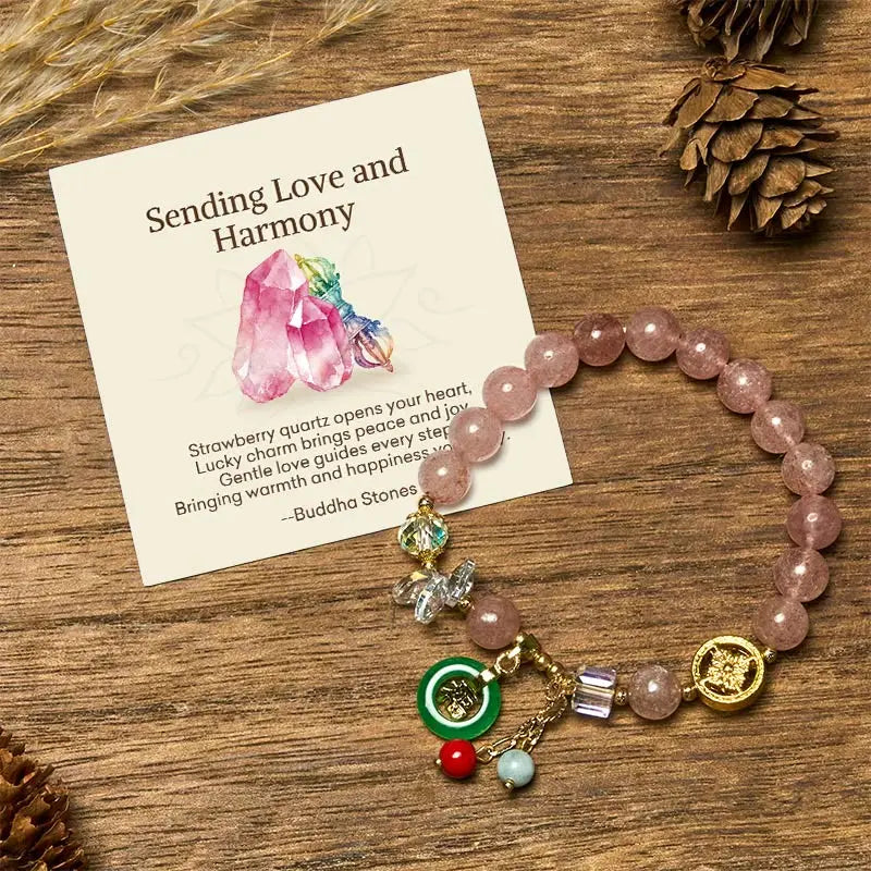Buddha Stones "Sending Love and Harmony"Strawberry Quartz Bracelet Includes Gift Message Card Fortune Jewel
