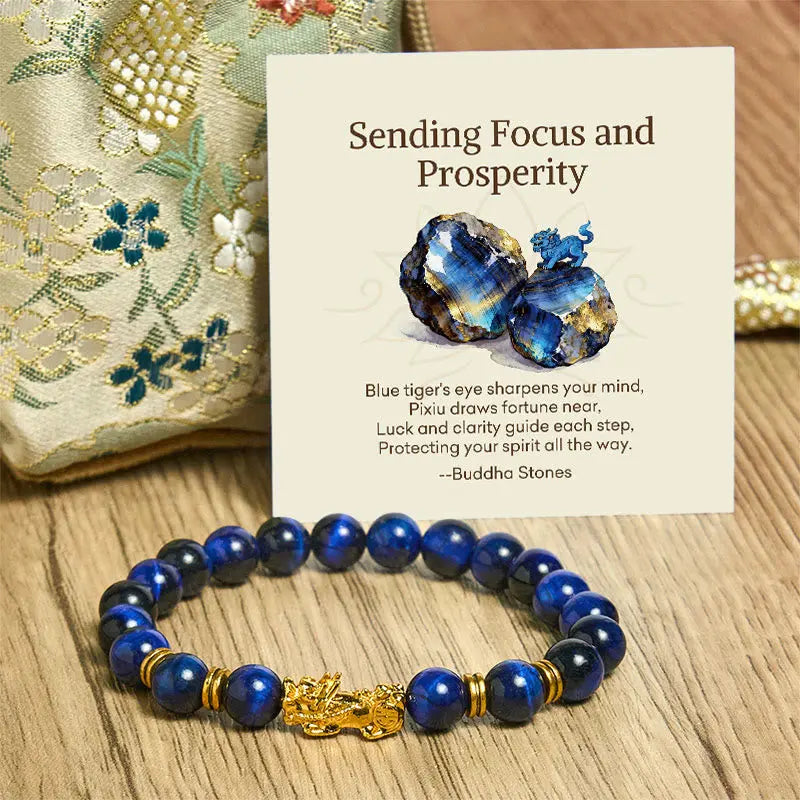 Buddha Stones "Sending Focus and Prosperity" Tiger Eye Pixiu Bracelet Includes Gift Message Card Fortune Jewel