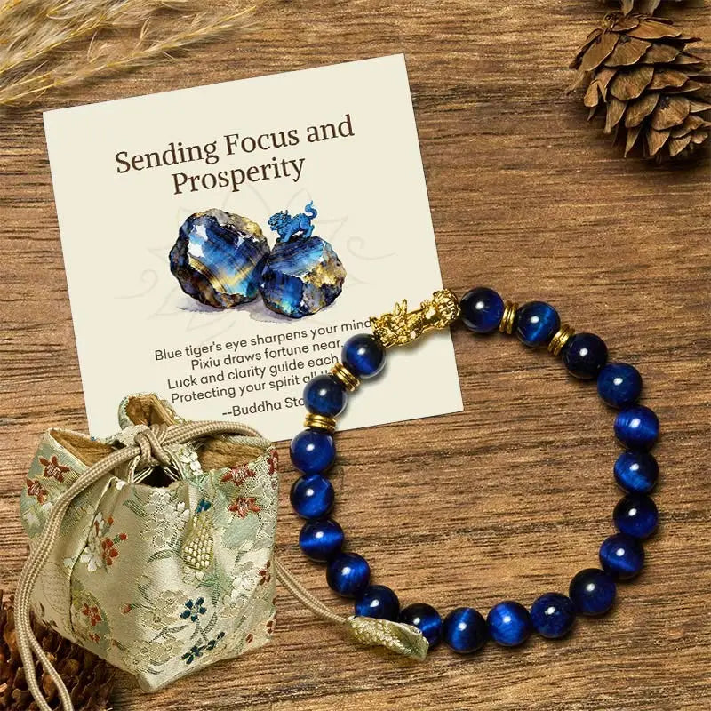Buddha Stones "Sending Focus and Prosperity" Tiger Eye Pixiu Bracelet Includes Gift Message Card Fortune Jewel