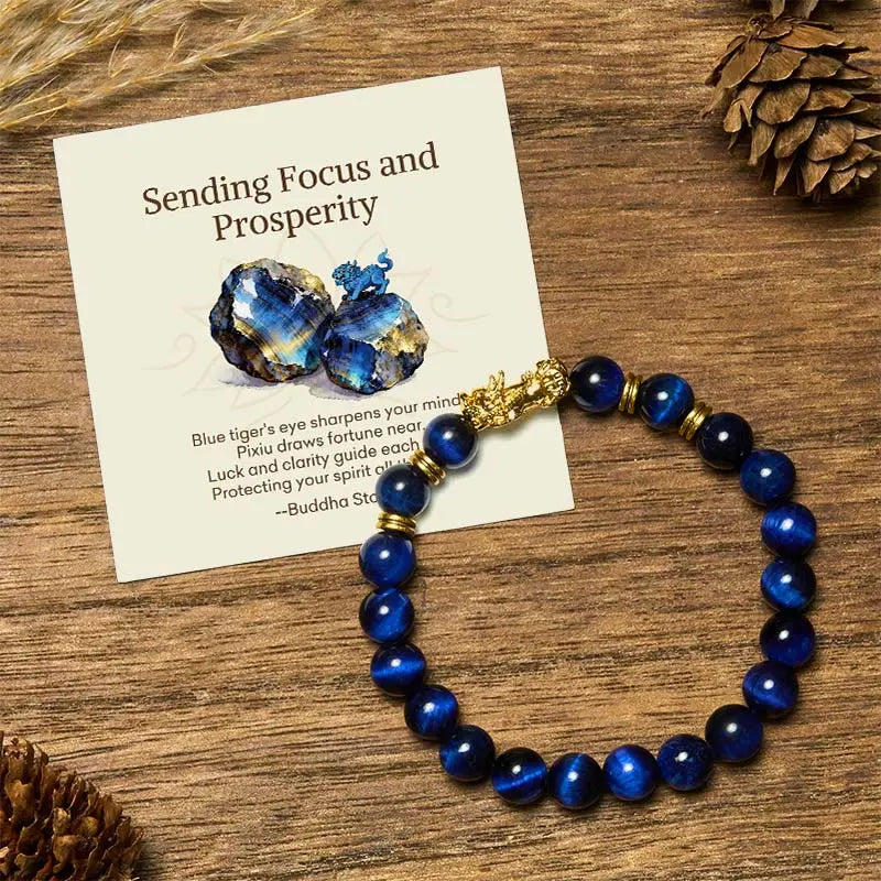 Buddha Stones "Sending Focus and Prosperity" Tiger Eye Pixiu Bracelet Includes Gift Message Card Fortune Jewel