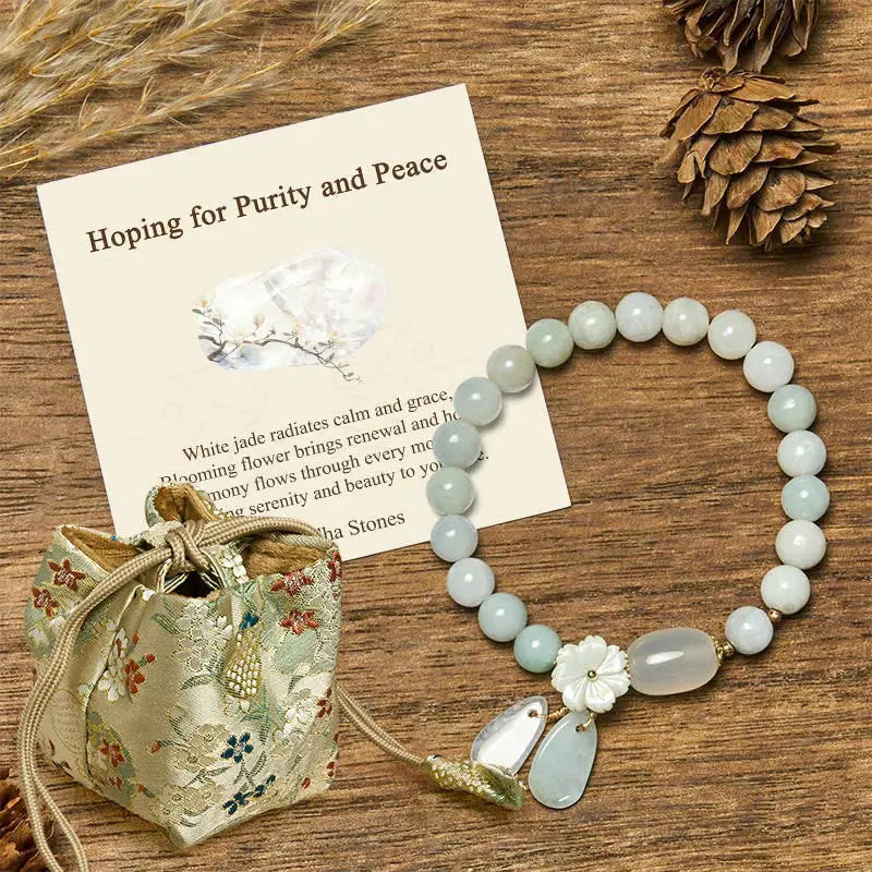 Fortune Jewel "Hoping for Purity and Peace"Natural White Jade Bracelet Includes Gift Message Card Fortune Jewel