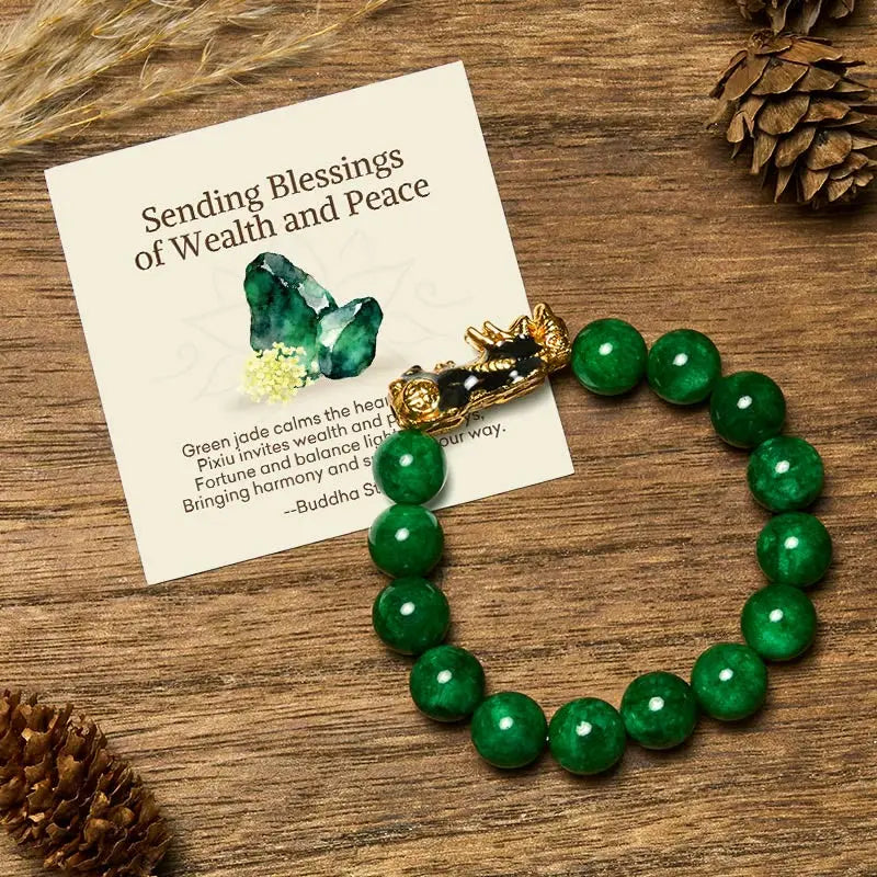 Fortune Jewel "Sending Blessings of Wealth and Peace" PiXiu Jade Bracelet Includes Gift Message Card Fortune Jewel