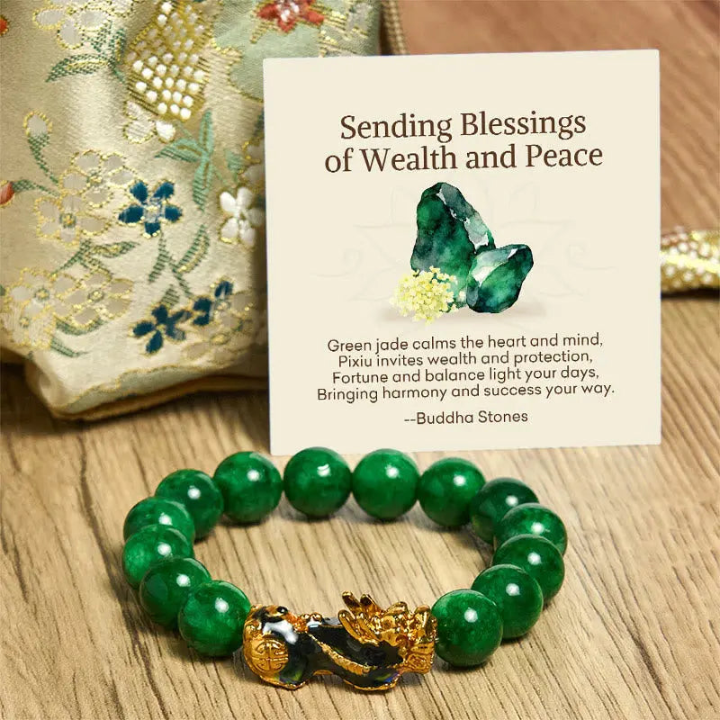 Fortune Jewel "Sending Blessings of Wealth and Peace" PiXiu Jade Bracelet Includes Gift Message Card Fortune Jewel