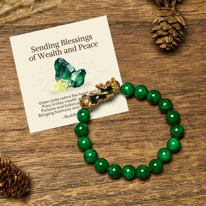 Fortune Jewel "Sending Blessings of Wealth and Peace" PiXiu Jade Bracelet Includes Gift Message Card Fortune Jewel