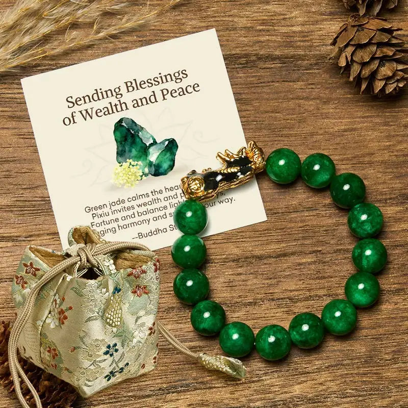 Fortune Jewel "Sending Blessings of Wealth and Peace" PiXiu Jade Bracelet Includes Gift Message Card Fortune Jewel