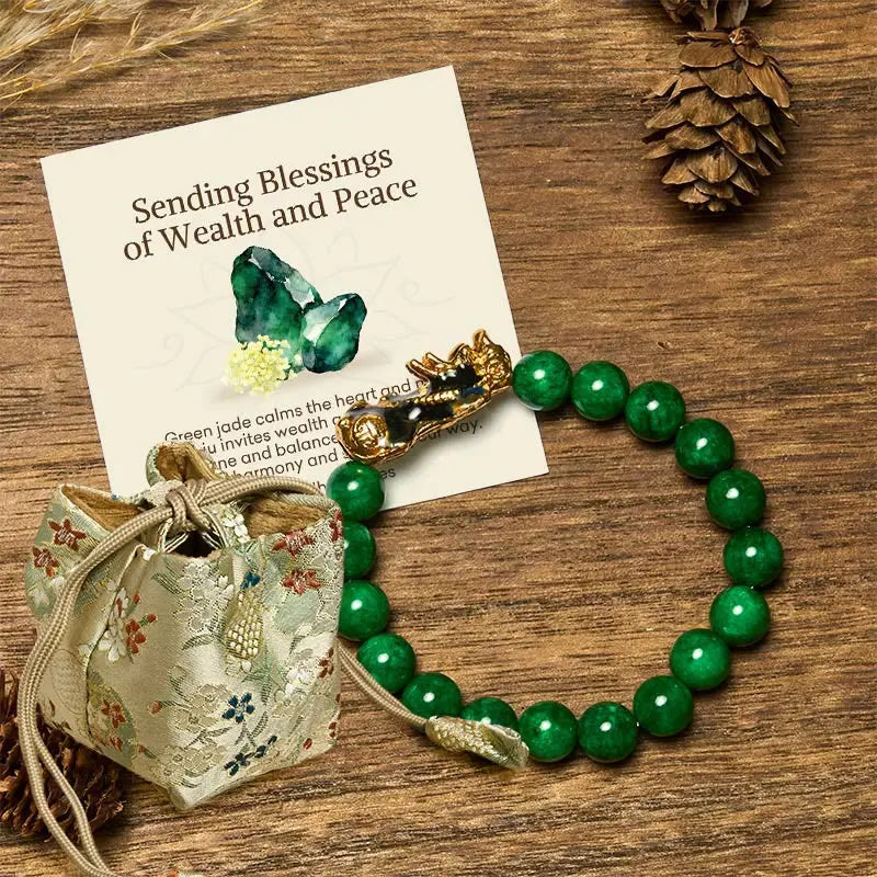 Fortune Jewel "Sending Blessings of Wealth and Peace" PiXiu Jade Bracelet Includes Gift Message Card Fortune Jewel