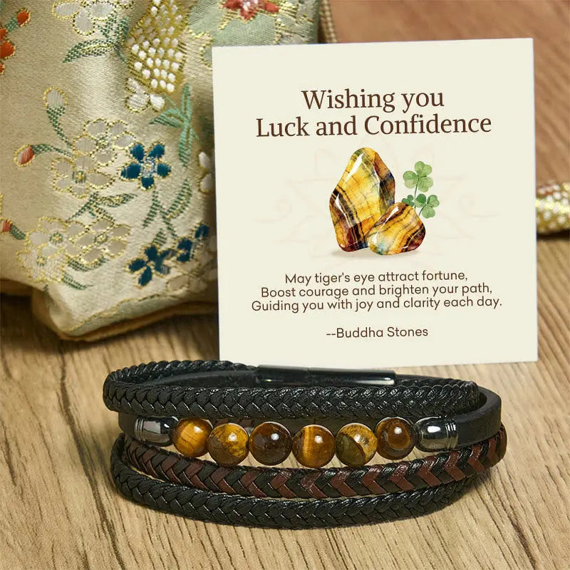 Buddha Stones "Wishing You Luck and Confidence" Tiger Eye Leather Includes Gift Message Card Fortune Jewel
