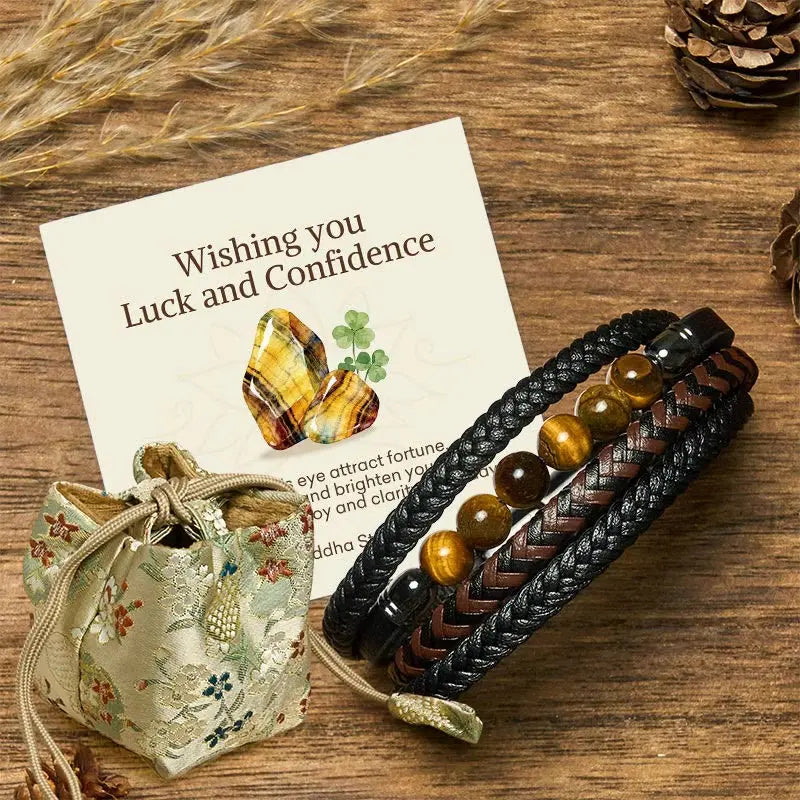 Buddha Stones "Wishing You Luck and Confidence" Tiger Eye Leather Includes Gift Message Card Fortune Jewel