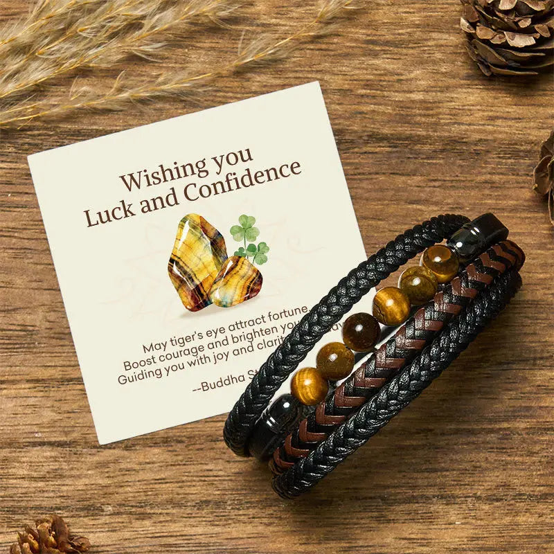 Buddha Stones "Wishing You Luck and Confidence" Tiger Eye Leather Includes Gift Message Card Fortune Jewel