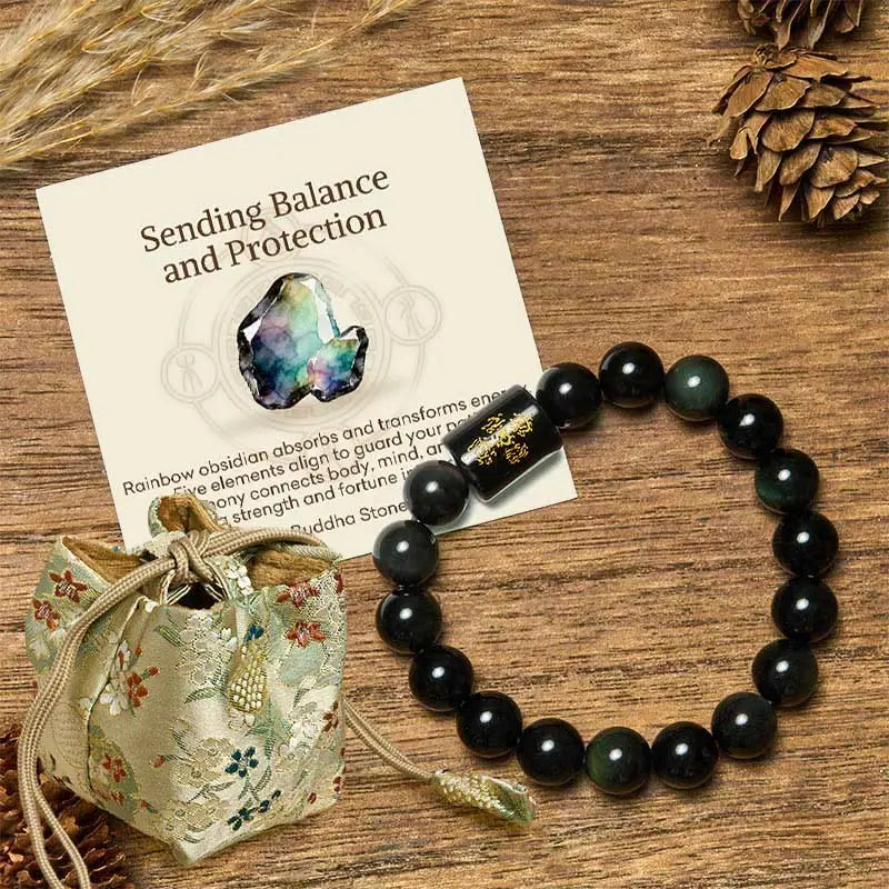 Fortune Jewel "Sending Balance and Protection" Rainbow Obsidian Bracelet Includes Gift Message Card Fortune Jewel