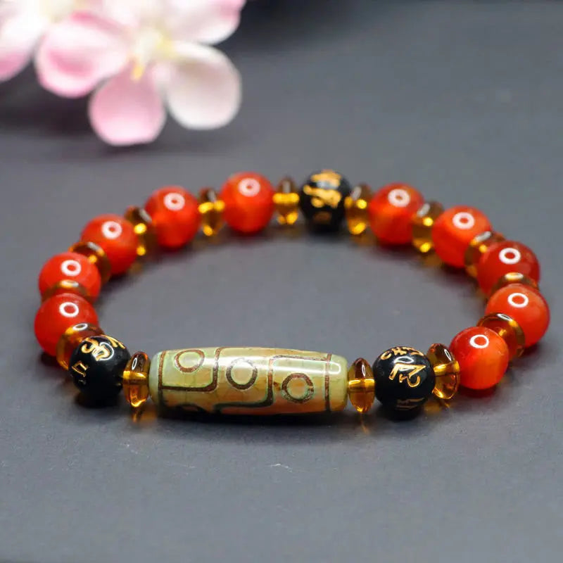 Fortune Jewel Red Agate Nine-eye Dzi Bead Six True Words Calm Bracelet Fortune Jewel