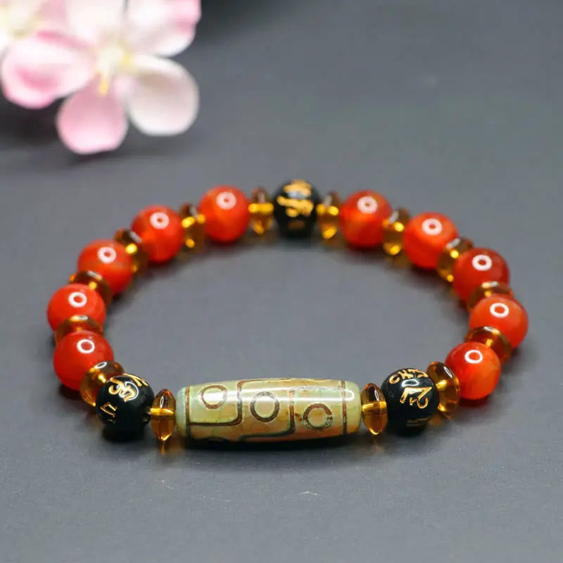 Fortune Jewel Red Agate Nine-eye Dzi Bead Six True Words Calm Bracelet Fortune Jewel