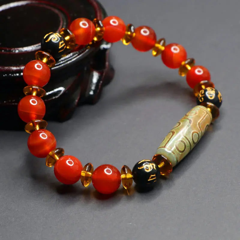 Fortune Jewel Red Agate Nine-eye Dzi Bead Six True Words Calm Bracelet Fortune Jewel