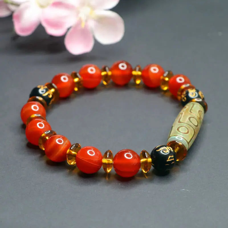 Fortune Jewel Red Agate Nine-eye Dzi Bead Six True Words Calm Bracelet Fortune Jewel