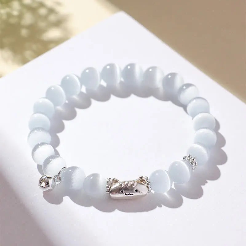 Fortune Jewel 999 Sterling Silver Natural Cat Head White Cat's Eye White Agate Positive Bracelet Fortune Jewel