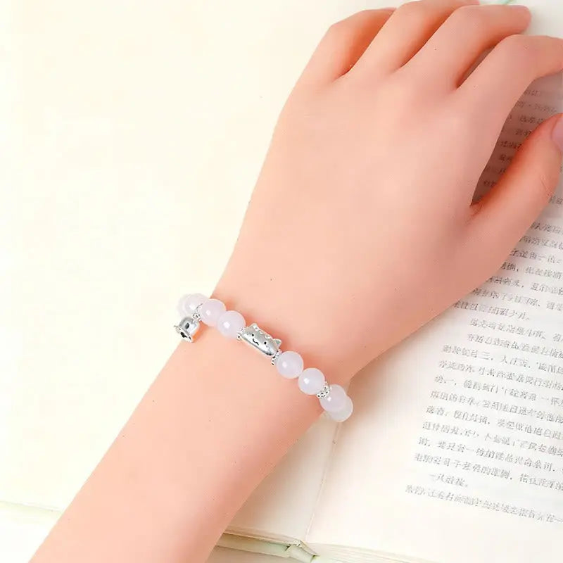 Fortune Jewel 999 Sterling Silver Natural Cat Head White Cat's Eye White Agate Positive Bracelet Fortune Jewel