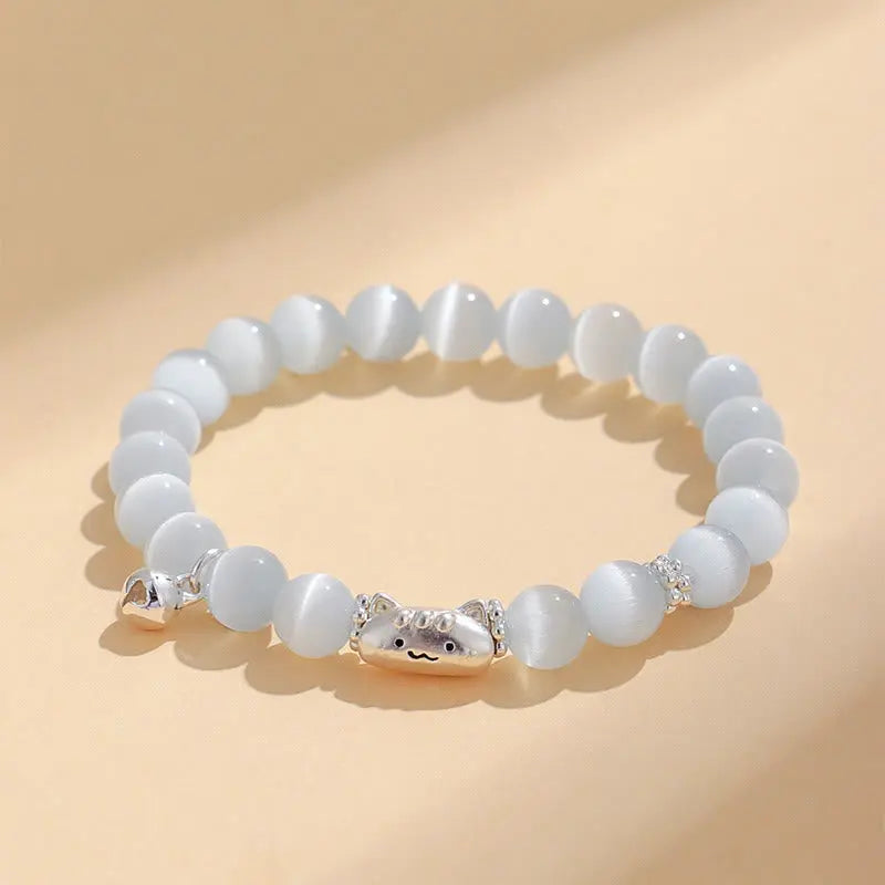 Fortune Jewel 999 Sterling Silver Natural Cat Head White Cat's Eye White Agate Positive Bracelet Fortune Jewel
