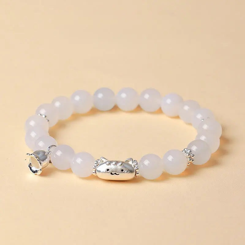 Fortune Jewel 999 Sterling Silver Natural Cat Head White Cat's Eye White Agate Positive Bracelet Fortune Jewel