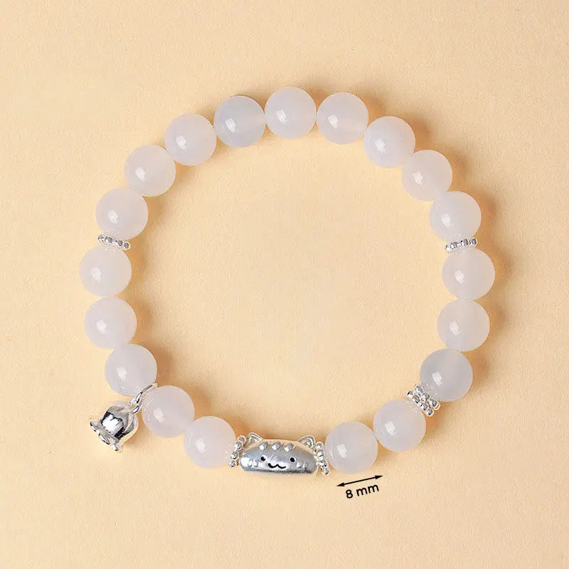 Fortune Jewel 999 Sterling Silver Natural Cat Head White Cat's Eye White Agate Positive Bracelet Fortune Jewel