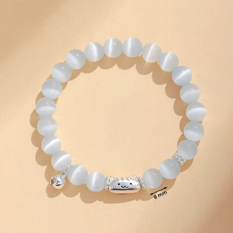 Fortune Jewel 999 Sterling Silver Natural Cat Head White Cat's Eye White Agate Positive Bracelet Fortune Jewel