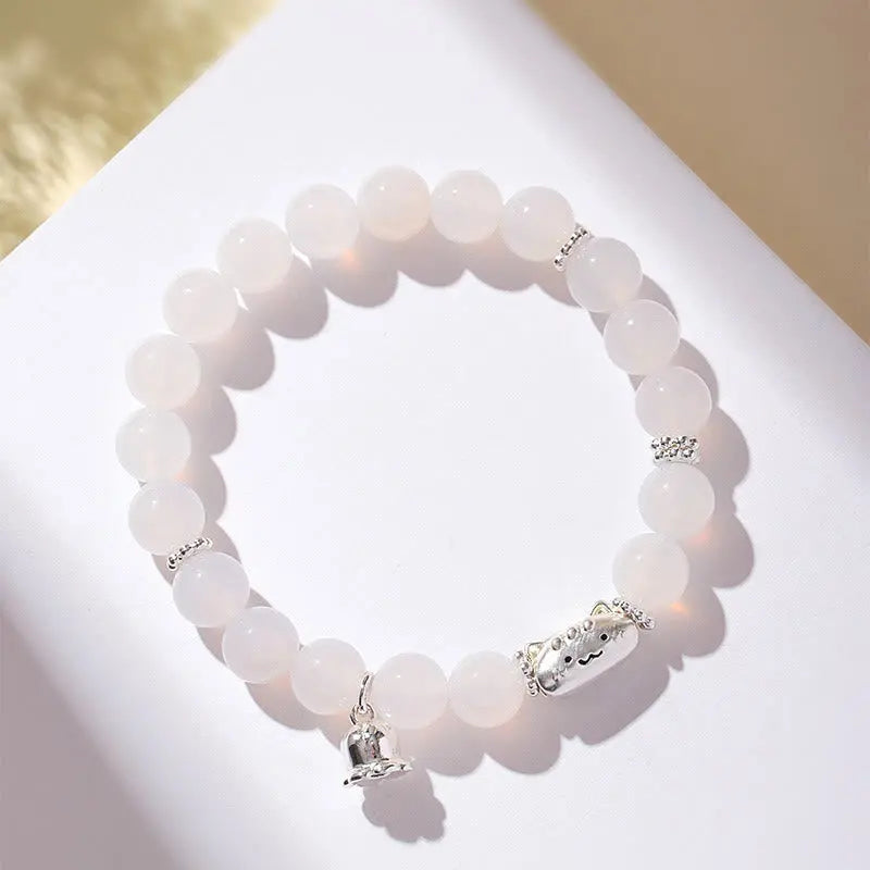 Fortune Jewel 999 Sterling Silver Natural Cat Head White Cat's Eye White Agate Positive Bracelet Fortune Jewel