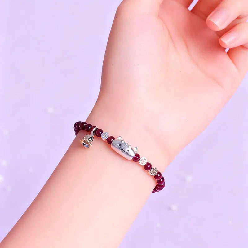 Fortune Jewel 999 Sterling Silver Natural Cute Cat Head Garnet Protection Bead Bracelet Fortune Jewel