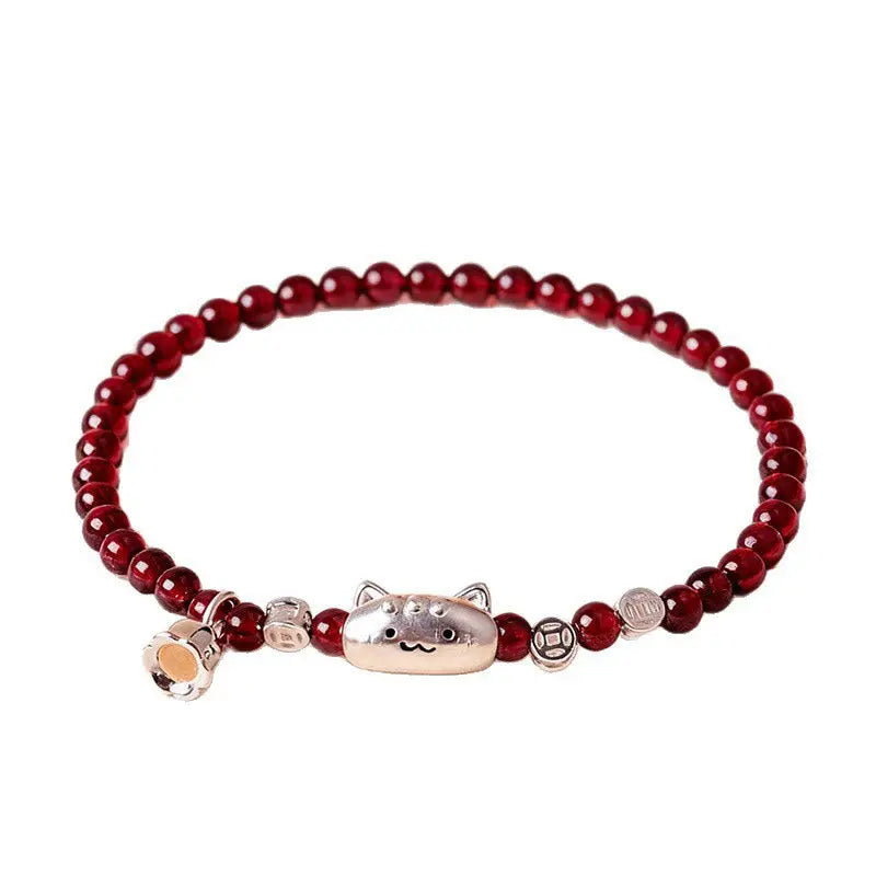 Fortune Jewel 999 Sterling Silver Natural Cute Cat Head Garnet Protection Bead Bracelet Fortune Jewel