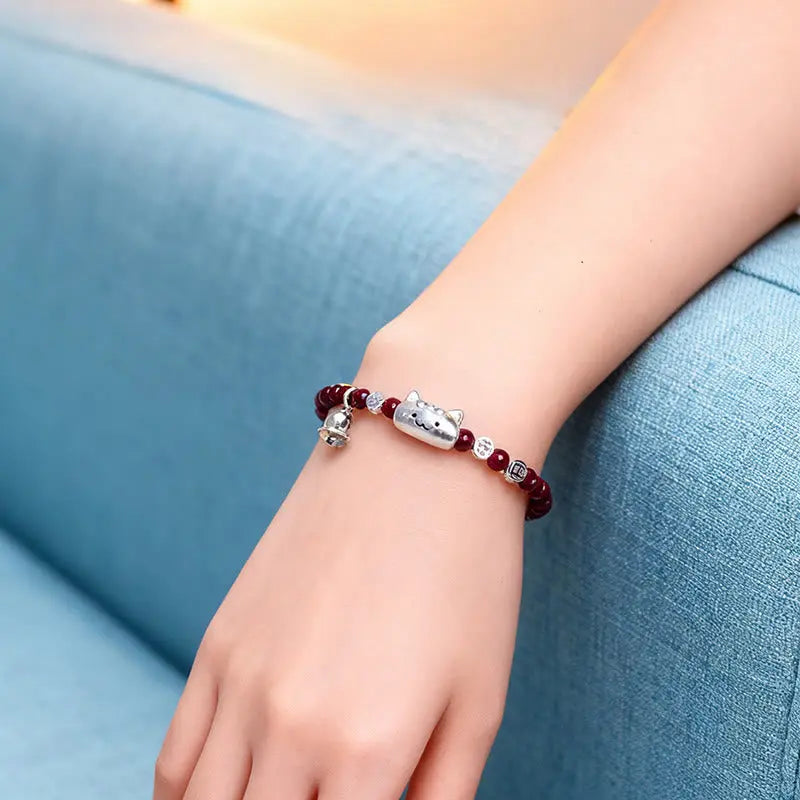 Fortune Jewel 999 Sterling Silver Natural Cute Cat Head Garnet Protection Bead Bracelet Fortune Jewel