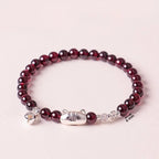 Fortune Jewel 999 Sterling Silver Natural Cute Cat Head Garnet Protection Bead Bracelet Fortune Jewel