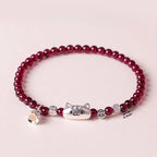 Fortune Jewel 999 Sterling Silver Natural Cute Cat Head Garnet Protection Bead Bracelet Fortune Jewel