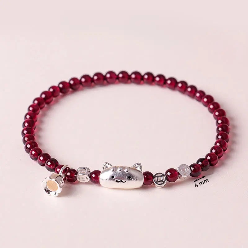 Fortune Jewel 999 Sterling Silver Natural Cute Cat Head Garnet Protection Bead Bracelet Fortune Jewel