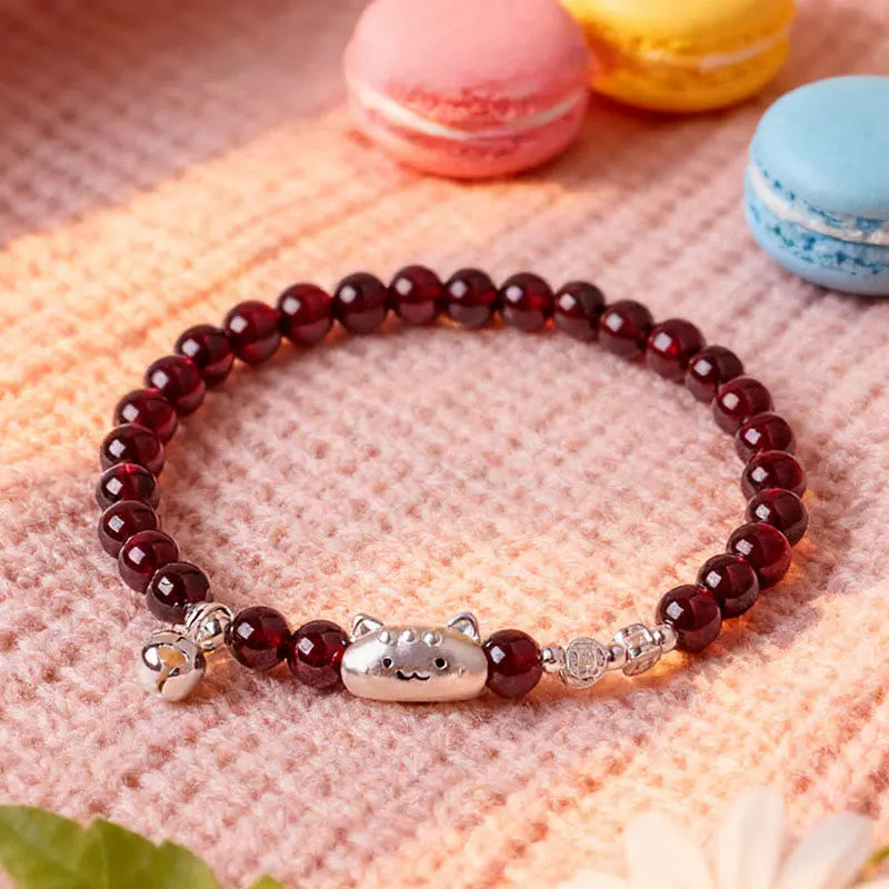 Fortune Jewel 999 Sterling Silver Natural Cute Cat Head Garnet Protection Bead Bracelet Fortune Jewel